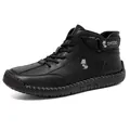 Men's black high-top leather casual boots with stitching and ankle strap design - Black