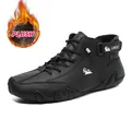 Schwarze Herren-Lederstiefel mit warmem Plüschfutter und Klettverschluss für Winter - 38 / Fleece Thermostil / Schwarz