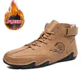 Bottes hautes en cuir marron avec doublure peluche chaude et fermeture velcro - 38 / Marron Doublé de Polaire