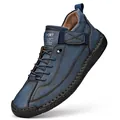 Bottes martin pour hommes en cuir bleu foncé mat avec coutures et sangle velcro - 38 / Bleu
