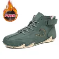 Men's warm high-top casual boots in dark green suede with thick plush lining - 38 / Fleece Lined Style / Green
