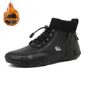 Schwarze mittelhohe Herren-Freizeitstiefel mit warmem Plüschfutter und Strickkragen - 38 / Schwarz Plüsch (C8005M)