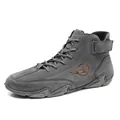 Men's grey high-top casual boots with suede upper, velcro strap, and anti-slip rubber sole - 38 / Single Lined / Gray