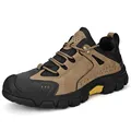 Men's outdoor brown leather walking shoes with non-slip thick rubber soles and laces - EU 38 / Khaki