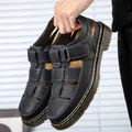 Men's black genuine leather closed-toe sandals with yellow stitching and velcro strap - EU 38 / Black