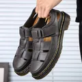 Men's dark gray leather closed-toe sandals with yellow stitching and thick soles - EU 38 / Gray
