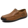 Brown slip-on leather loafers for men featuring hand-stitched details and rubber soles - EU 38 / Yellow Brown Smooth Style