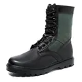 Men's high-top leather tactical boots with green canvas stitching and thick rubber sole - EU 39 / Black and Fluorescent Green