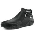 Bottes montantes noires en cuir pour hommes avec col en tricot et fermeture éclair - EU 38 / Doublure Simple / Noir