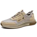 Men's khaki leather mesh sneakers with breathable cutouts and thick rubber sole - EU 38 / Sand