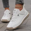 White leather casual shoes with hand-stitched rubber soles and lace-up design for couples - 38 / White with Yellow Sole (F9888)