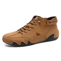 LDECK camel leather casual mid-top boots featuring velcro strap and rubber sole - 38 / Outdoor Casual Martin Boots (F8008) / Tan