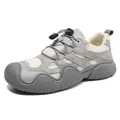 Grey and white leather outdoor hiking shoes with chunky wave soles and toggle laces - 35 / Gray