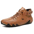 Brown leather high-top casual sneakers with textured grain and durable rubber soles - 38 / Outdoor Casual Martin Boots (FJ8008) / Yellow Brown