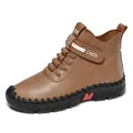 Brown leather mid-top boots for women featuring velcro strap and thick rubber sole - EU 35 / Brown