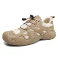 Khaki outdoor hiking shoe with breathable mesh and quick-lace system on a white background - 35 / Brown