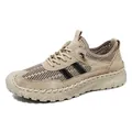Men's casual khaki mesh sneakers with leather trim and outdoor hand-stitched sole detail - EU 38 / Khaki