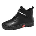 Women's black matte leather mid-top Martin boots with laces, velcro strap and red sole detail - EU 35 / Black