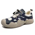 Outdoor leather sneakers in navy blue and beige patchwork with thick rubber soles - 35 / Blue