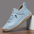 Baskets montantes en cuir bleu clair avec couture main et semelle en caoutchouc marron - 38 / Bleu ciel