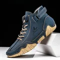 Men's high-top casual boot in deep blue nubuck with contrast yellow stitching - EU 36 / Dark Blue