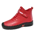 Women's Martin boots in bright red leather with black rubber toe cap and velcro strap - EU 35 / Red