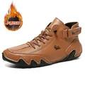 LDECK brown leather high-top boots for men with plush lining and rubber wave soles - 38 / Warm Plush Lined High-top Martin Boots (FJ8008M) / Yellow Brown