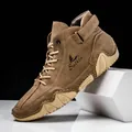 Brown high-top leather boots for men featuring rugged stitching and velcro straps - EU 36 / Khaki