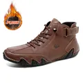 Men's high-top dark brown leather boots with plush lining and decorative buckle strap - 38 / Warm Plush Lined High-top Martin Boots (FJ8008M) / Burgundy