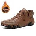 Men's brown leather mid-top casual boots with warm plush lining and non-slip sole - 38 / Warm Fleece Lined Style / Coffee Brown