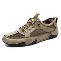 Atmungsaktive Herren-Sneaker aus Leder und Mesh in Vintage-Braun und Khaki-Farbe - 47 / Khaki