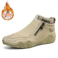 Khaki leather martin boots for men with plush lining and side zipper closure - 38 / Fleece Lined Style / Khaki