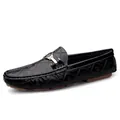 Black leather loafers for men with diamond pattern embossing and gold metal buckle - EU 38 / Black