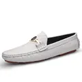 Men's white embossed leather loafers with gold hardware buckle and rubber sole - EU 38 / White