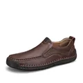 Men's brown leather slip-on shoes with visible hand-stitched detailing and rubber sole - EU 38 / Deep Brown