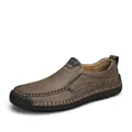 Men's dark brown hand-stitched leather loafers with durable rubber sole and slip-on design - EU 38 / Khaki