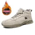 Sand-colored high-top men's leather boots with warm plush lining and non-slip rubber sole - EU 38 / Khaki (Padded)