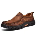 Mens dark brown slip-on casual leather shoes with thick non-slip rubber sole and sport detail - EU 38 / Red Brown