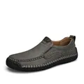 Men's dark grey slip-on leather shoes with white hand-stitched detailing and rubber sole - EU 38 / Gray