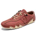 Chaussures décontractées pour hommes en cuir marron rouge avec surpiqûres et semelle gomme - Bordeaux