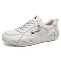 Men's white genuine leather casual sneakers with textured finish and black side logo - White