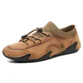 Brown casual leather loafer for men with elastic toggle laces and grippy rubber sole - EU 38 / Brown