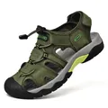 Detail view of military green outdoor sandals with closed-toe design and adjustable straps - Green