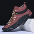 Men's high-top leather boots in wine red and black contrast stitching with laces - EU 38 / Burgundy