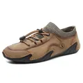 Brown leather loafer shoes for men with elastic knitted collar and toggle laces - EU 38 / Khaki