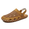 Brown leather and mesh men's beach sandals with breathable holes and woven sole - EU 38 / Yellow Brown