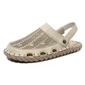 Men's casual leather sandals in beige with breathable mesh and brown rubber soles - EU 38 / Sand