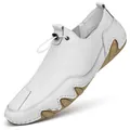 White genuine leather slip-on loafers for men with rubber wave sole and adjustable drawstring - EU 38 / White