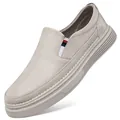 Men's light grey slip-on leather shoes with tricolor elastic side stripes - EU 38 / Beige