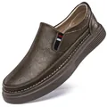 Men's dark brown slip-on leather shoes with tricolor ribbon and thick rubber sole - EU 38 / Khaki